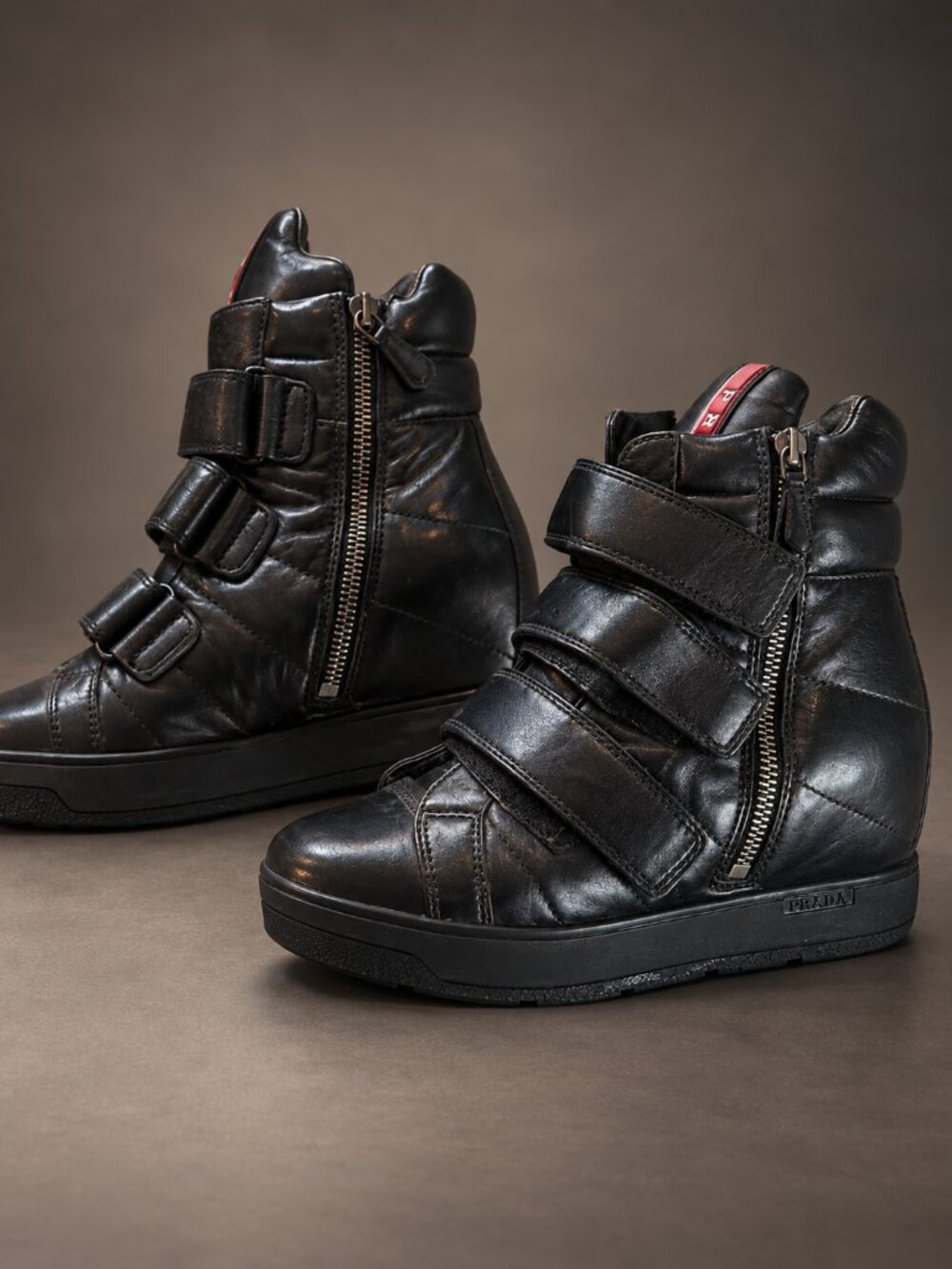 PRADA Sport Black Leather Triple Strap Hidden Wedge High Top Sneakers Size 35
